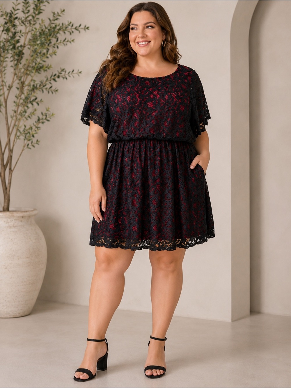 NWT Studio 1886 Black Lace Overlay Dress Red Lining Flutter Sleeve 1X 18W